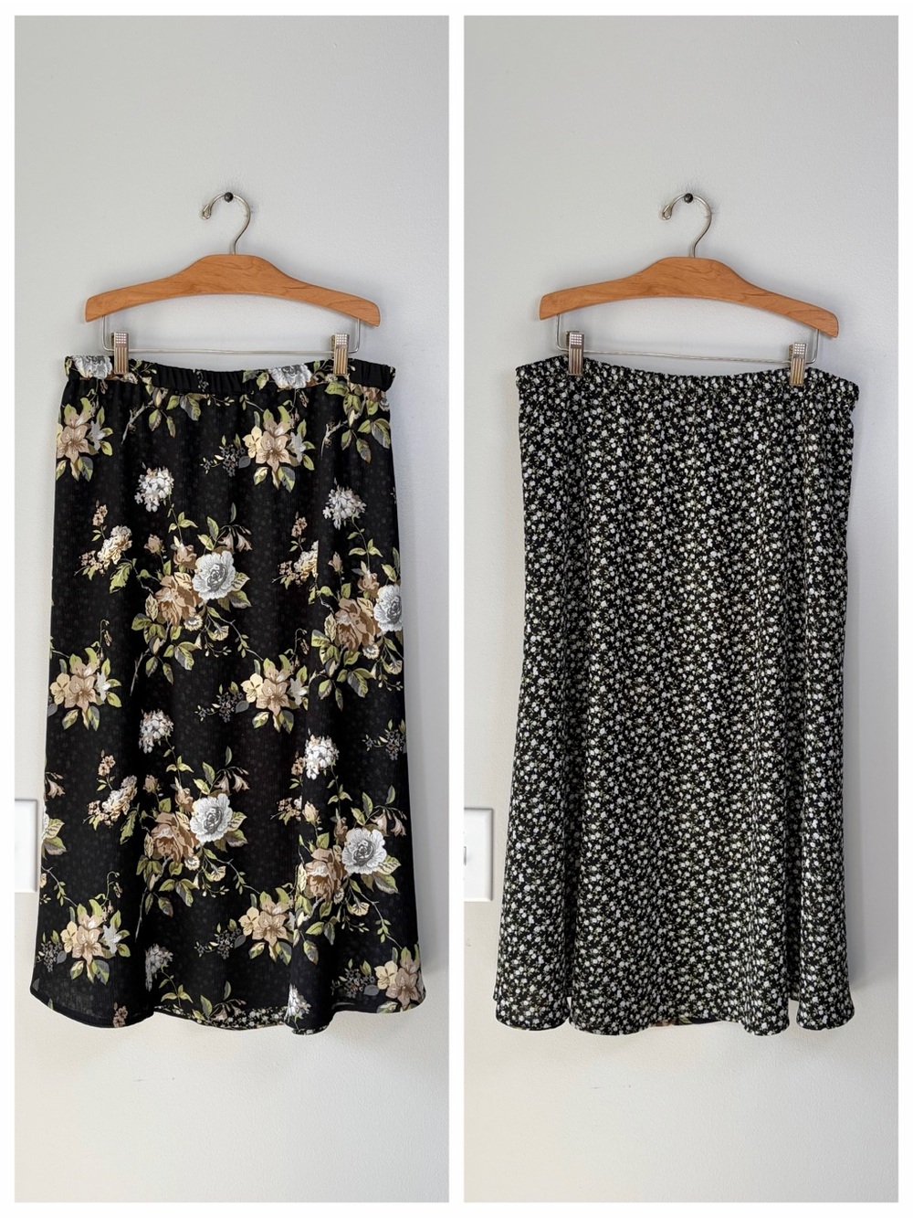 White Stag Ditsy Floral Black Soot Rose Patterned Flowy Reversible Midi Skirt